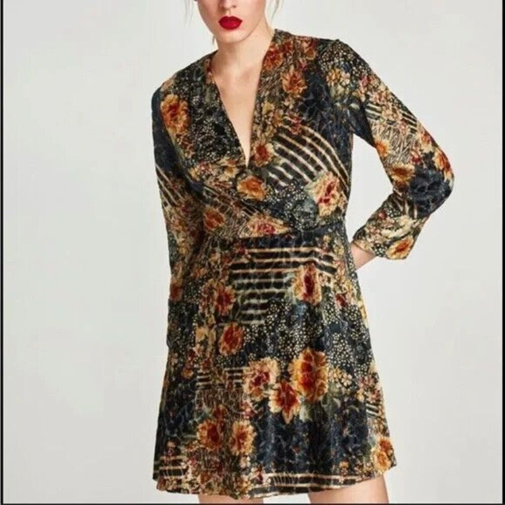 Zara Black Floral Velvet Mini Dress with Gold and Rust Accents